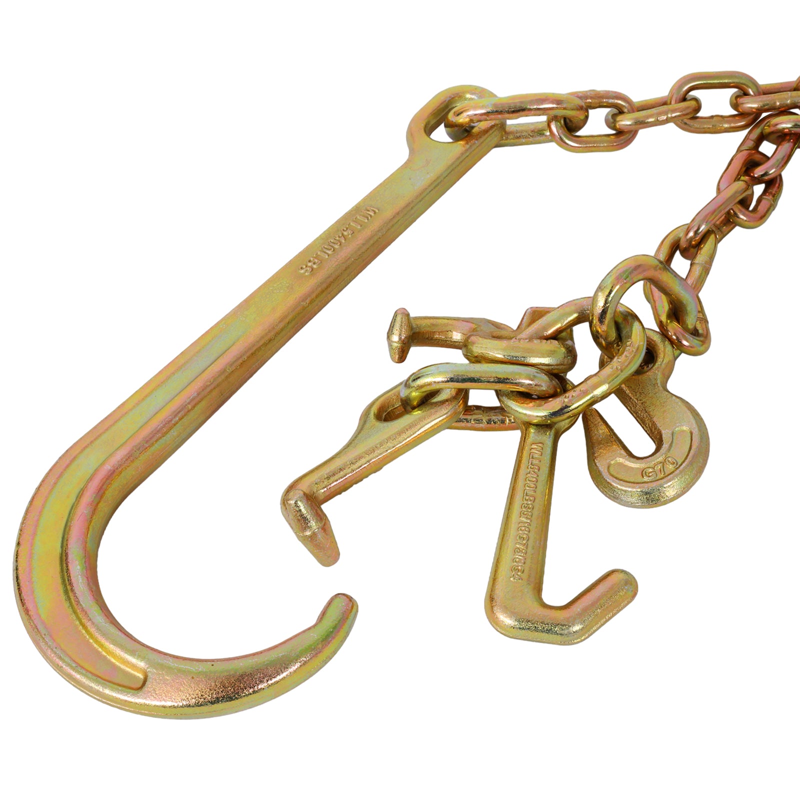 5/16" x6' Leg G70 15" Long Shank J Hook Tow Chain w/RTJ Cluster Hook & Grab Hook - 4700 lbs WLL Heavy Duty Transport Truck Chain for Car Wrecker Recovery - Towing Equipment 2pcs