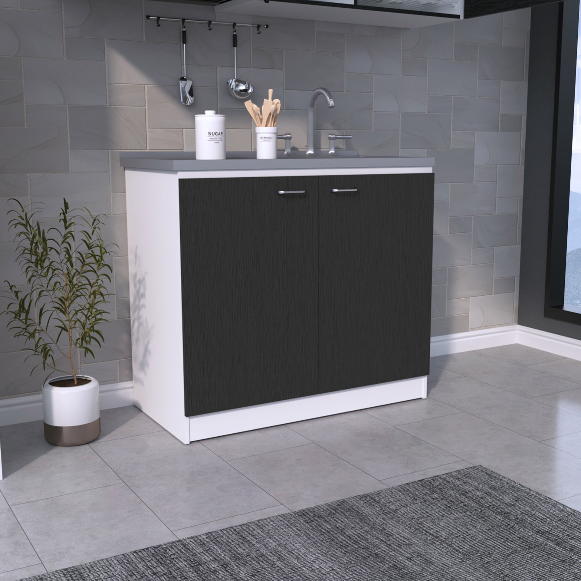 Freestanding Sink, Double Door Cabinet, Two Shelves, White / Black