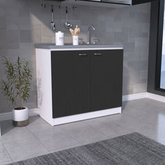 Freestanding Sink, Double Door Cabinet, Two Shelves, White / Black