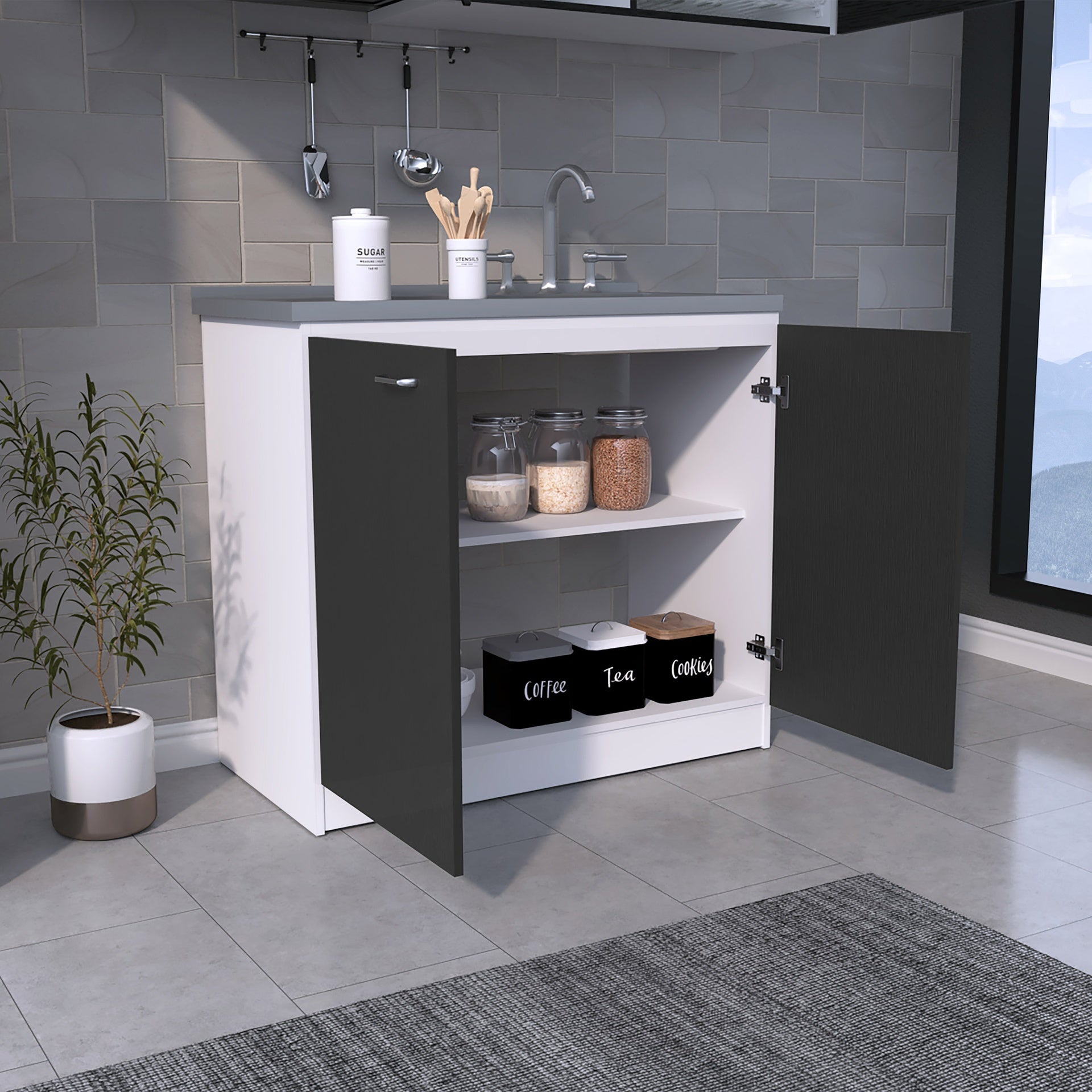 Freestanding Sink, Double Door Cabinet, Two Shelves, White / Black