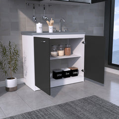 Freestanding Sink, Double Door Cabinet, Two Shelves, White / Black