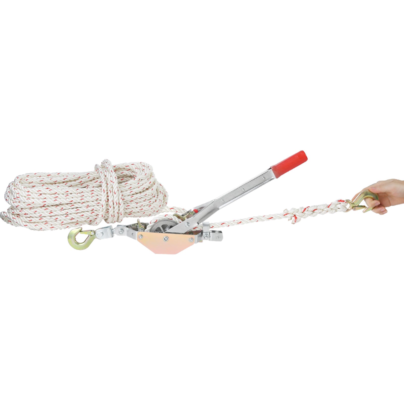 Rope Puller, 3/4 Ton (1,653 lbs) Pulling Capacity, with 100' of 0.6" dia. Rope, 2 Hook, Come Along Winch, Heavy Duty Ratchet Power Puller Tool for Moving Boats, Securing Items, Transporting Logs