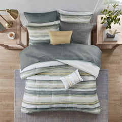 8 Piece Printed Seersucker Comforter and Quilt Set Collection Yellow Full/Queen