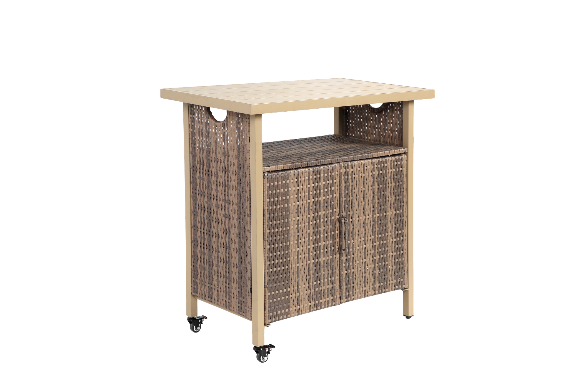 Outdoor Wicker Bar Cart, Patio Wine Serving Cart w/Wheels , Rolling Rattan Beverage Bar Counter Table w/Glass Top for Porch Backyard Garden Poolside Party, Beige