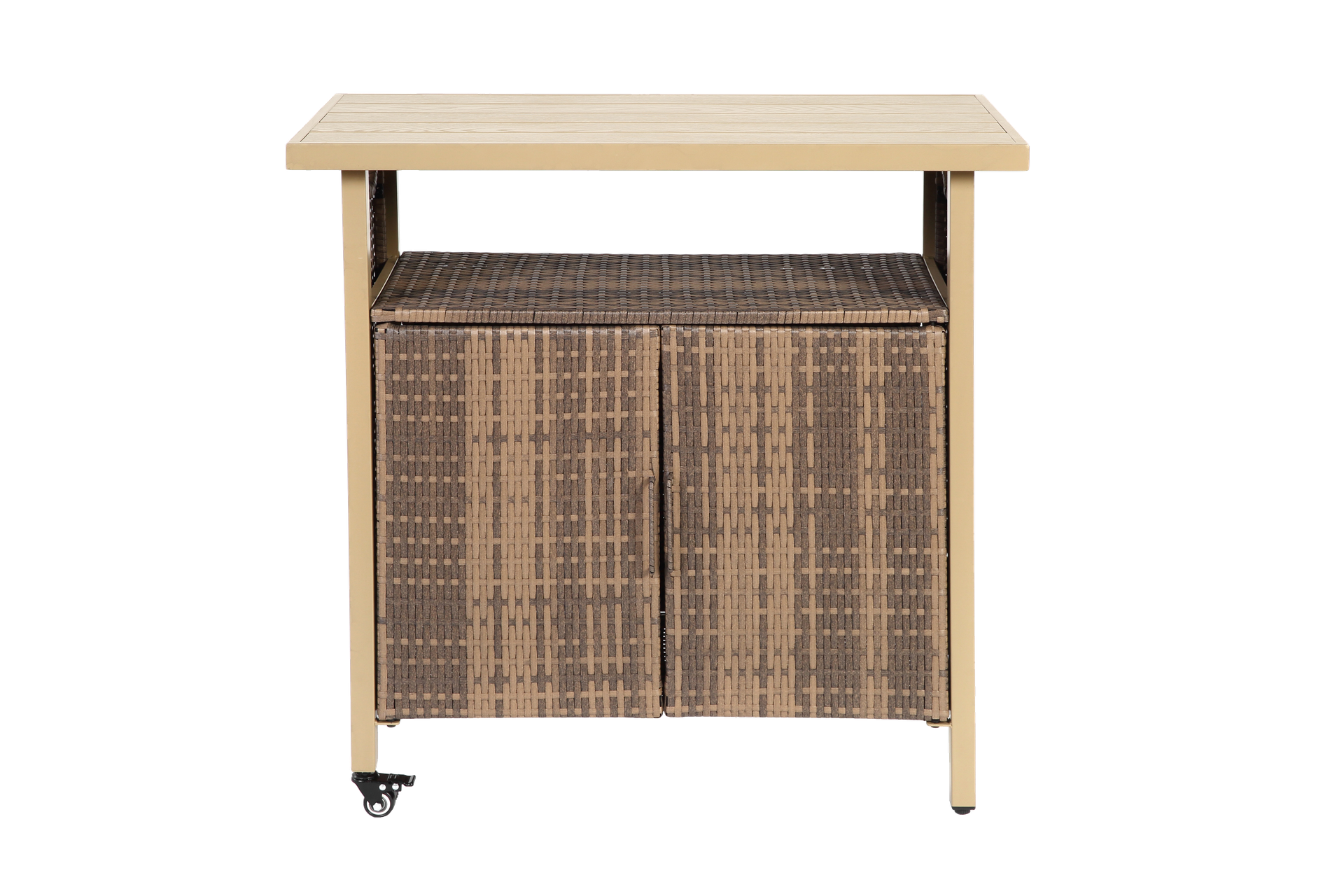 Outdoor Wicker Bar Cart, Patio Wine Serving Cart w/Wheels , Rolling Rattan Beverage Bar Counter Table w/Glass Top for Porch Backyard Garden Poolside Party, Beige