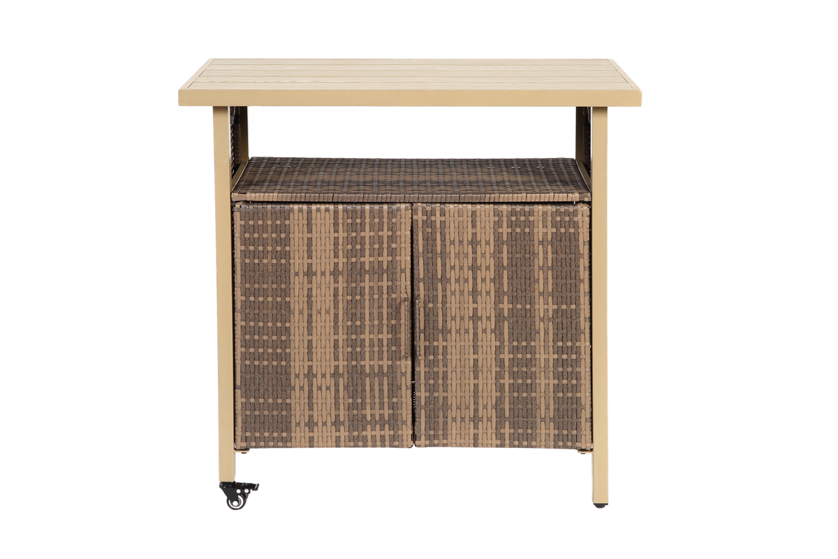 Outdoor Wicker Bar Cart, Patio Wine Serving Cart w/Wheels , Rolling Rattan Beverage Bar Counter Table w/Glass Top for Porch Backyard Garden Poolside Party, Beige