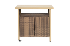 Outdoor Wicker Bar Cart, Patio Wine Serving Cart w/Wheels , Rolling Rattan Beverage Bar Counter Table w/Glass Top for Porch Backyard Garden Poolside Party, Beige