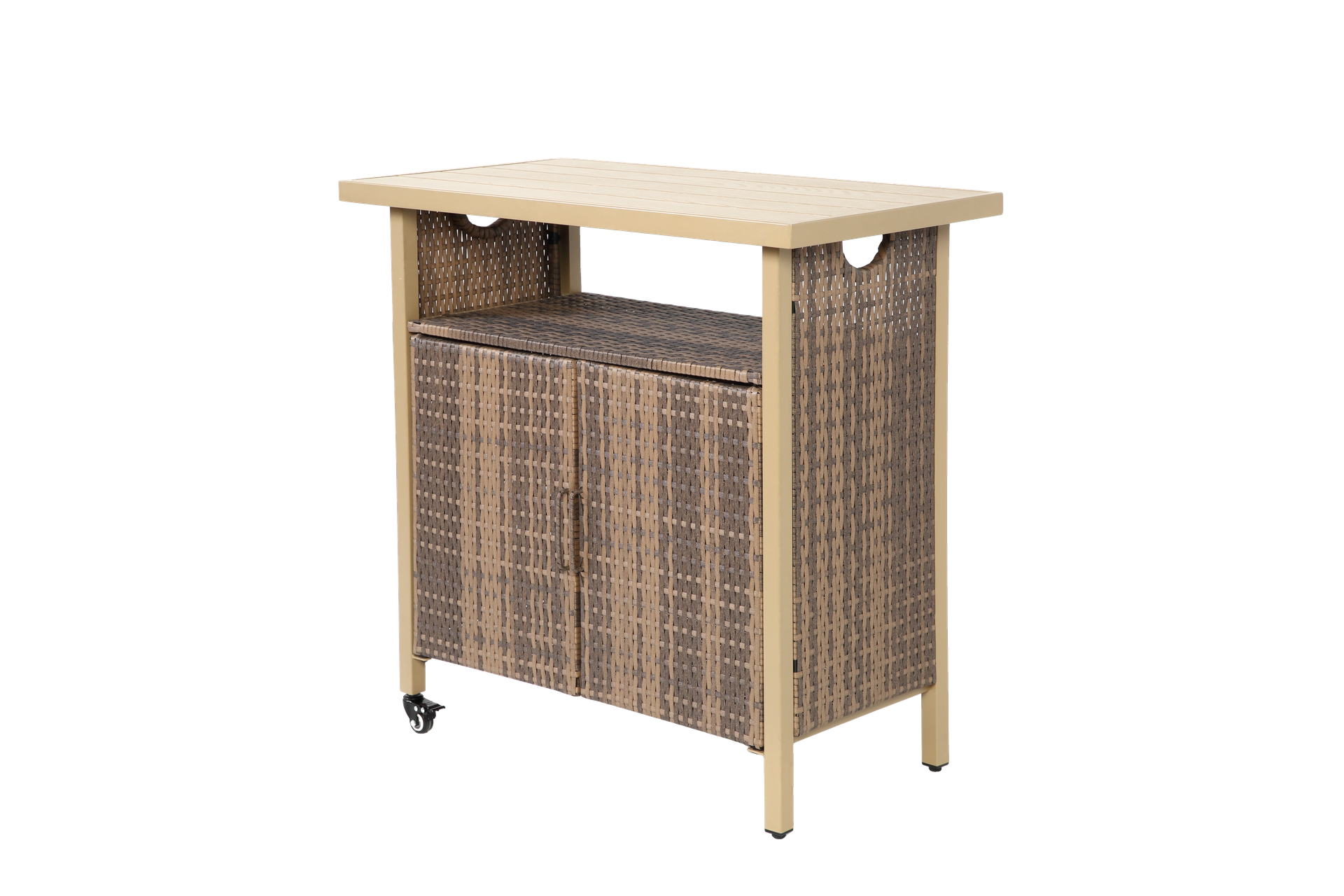 Outdoor Wicker Bar Cart, Patio Wine Serving Cart w/Wheels , Rolling Rattan Beverage Bar Counter Table w/Glass Top for Porch Backyard Garden Poolside Party, Beige