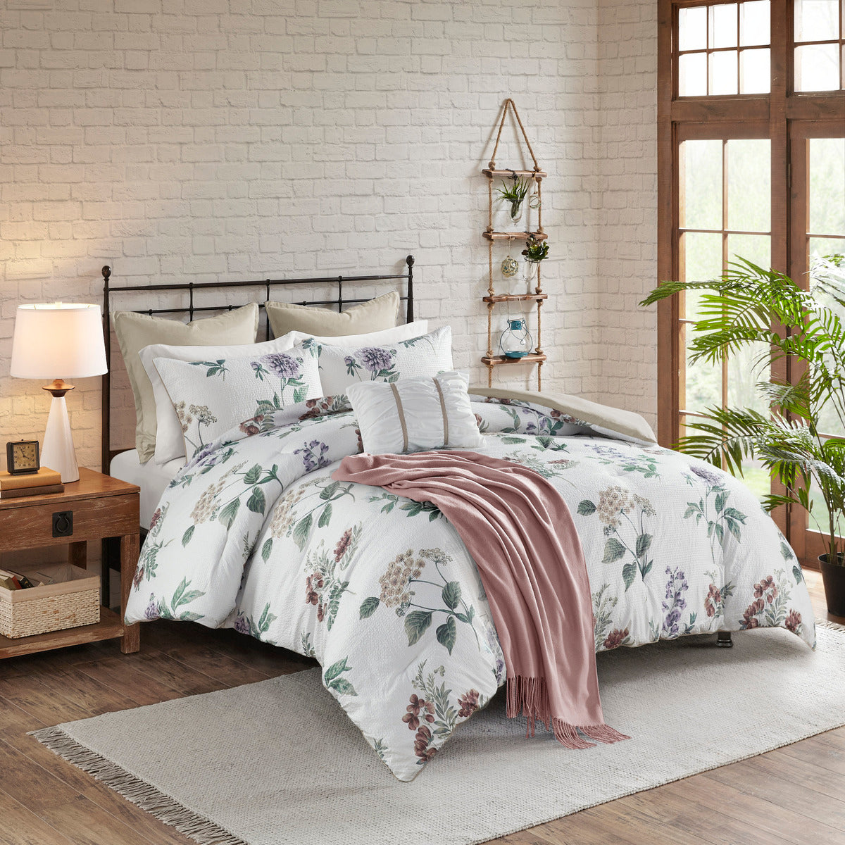 7 Piece Printed Seersucker Comforter Set with Throw Blanket Taupe/Blush Full/Queen
