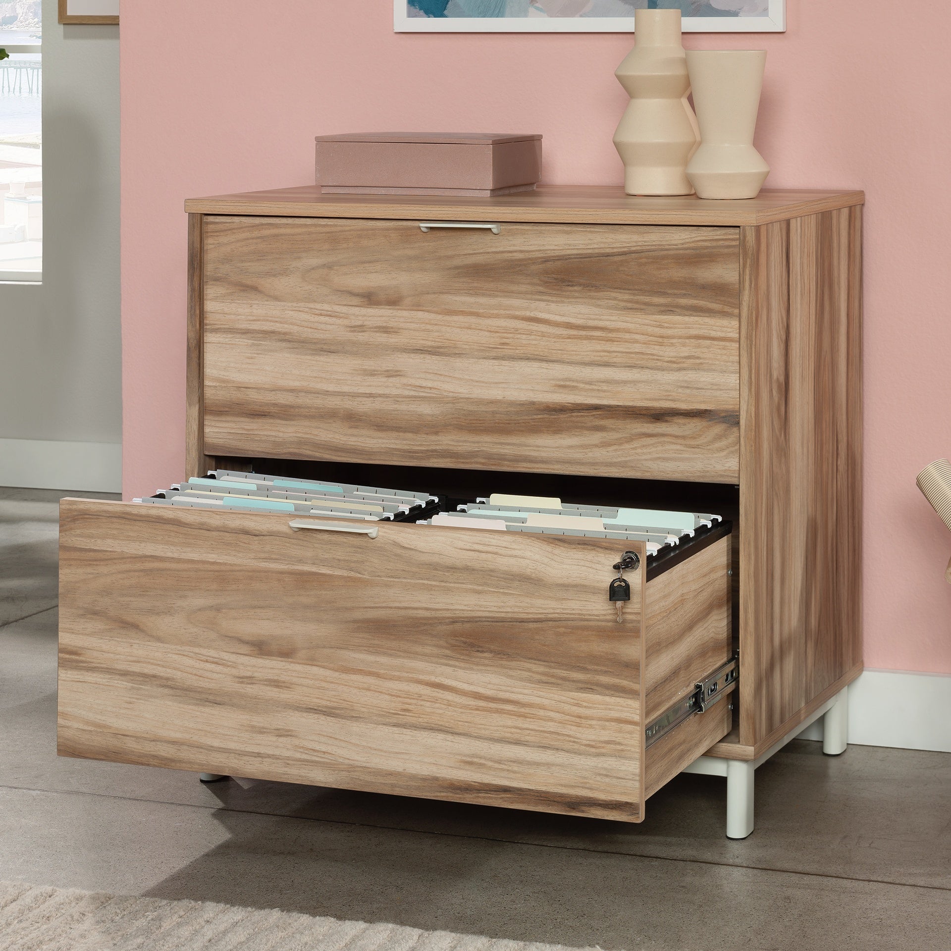 Lateral File with Two Drawers, Acacia finish