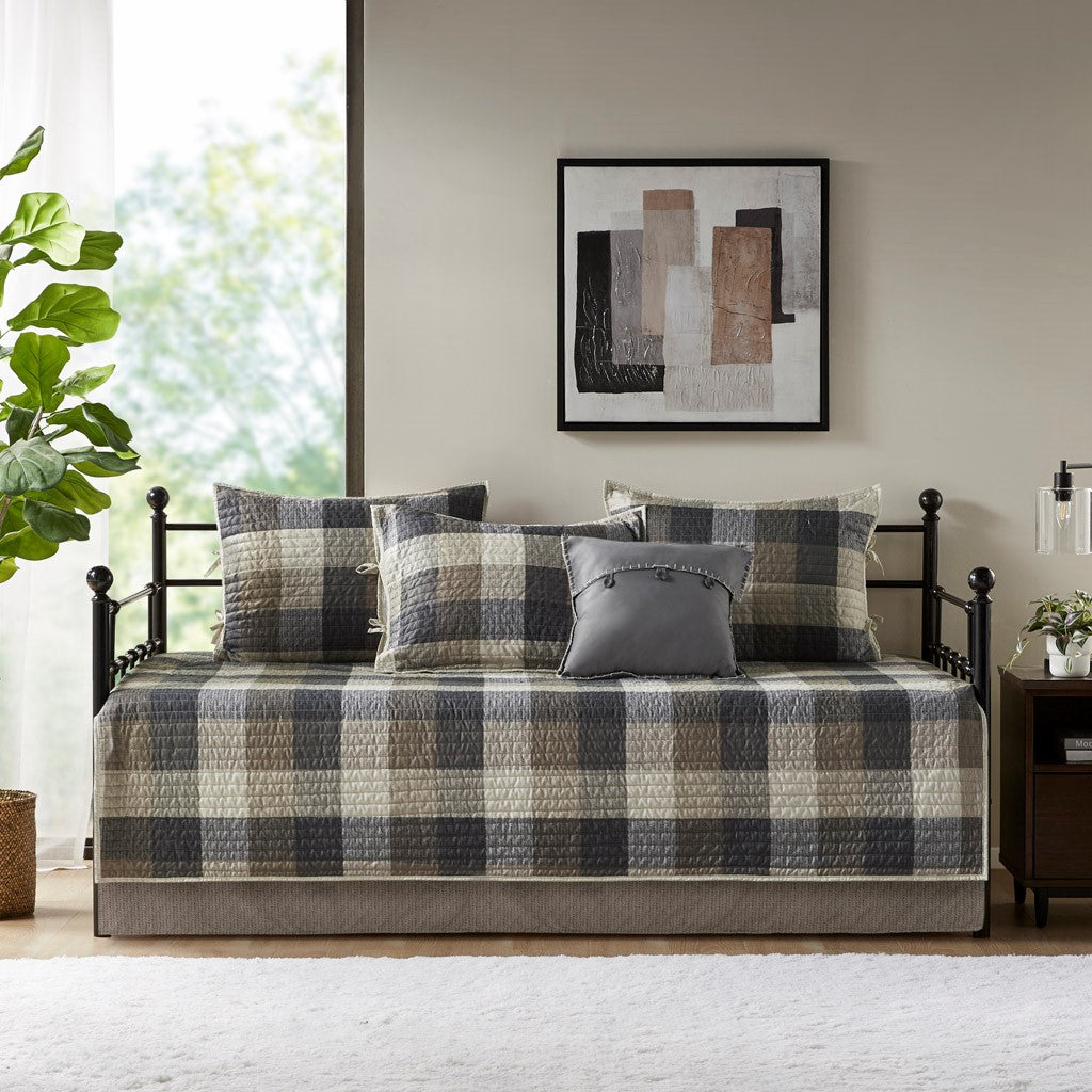 6 Piece Reversible Plaid Daybed Cover Set Neutral Daybed