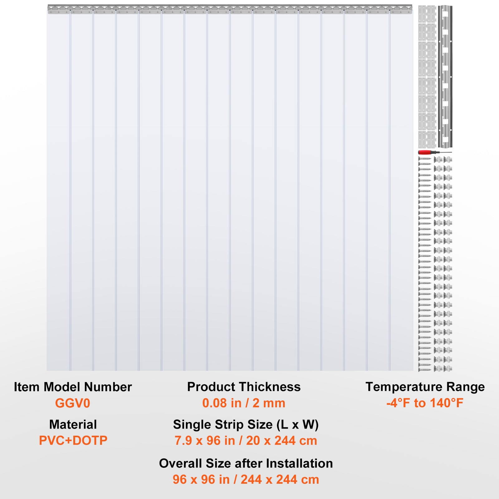 Strip Curtain 16PCS, 96" Height, 96" Width, 0.08" Thickness, Clear Smooth Plastic Door Strips with 50% Overlap, PVC Strip Door Curtain Freezer Curtain for Warehouses, Walk in Freezers, Coolers
