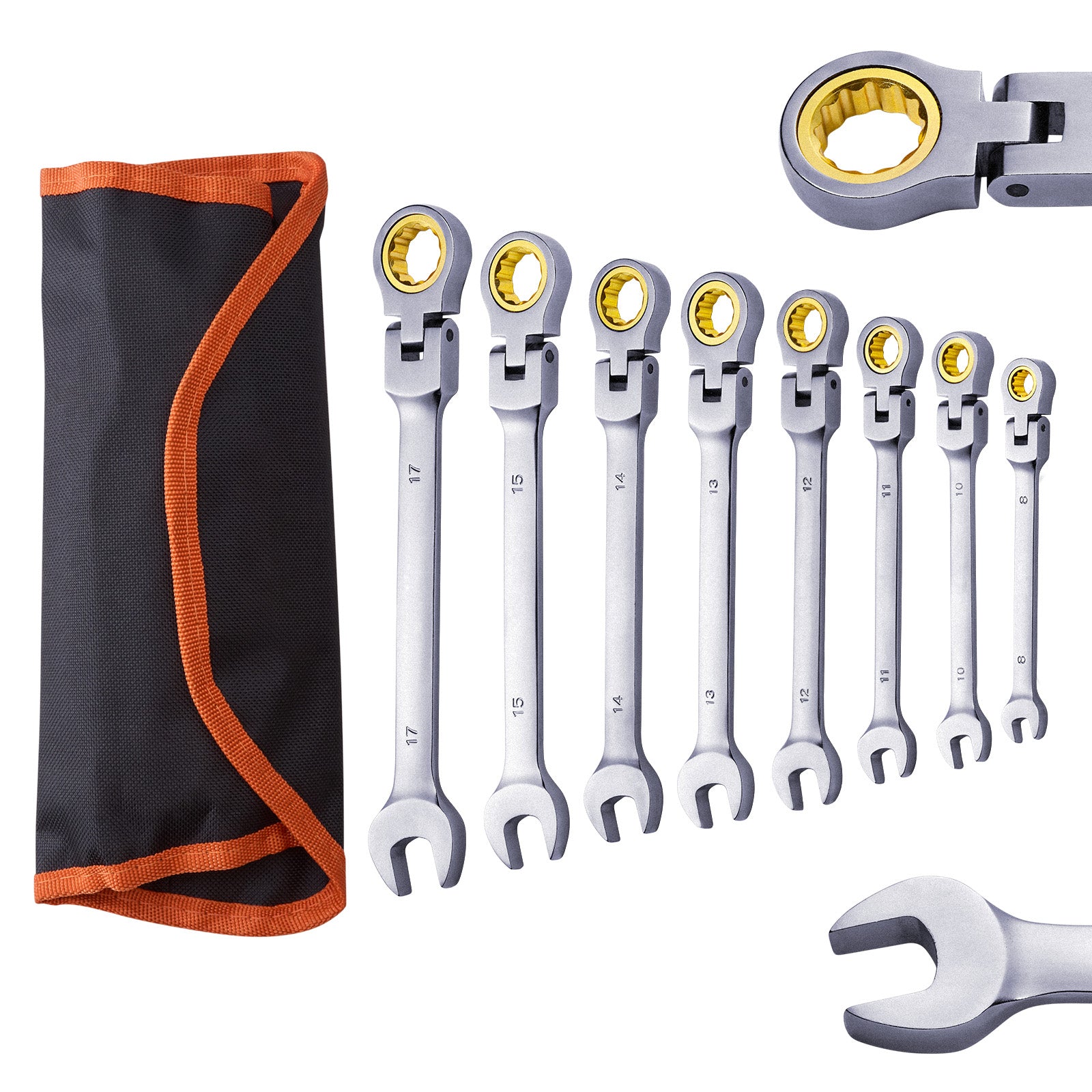Flex-Head Ratcheting Wrench Set 8 PC Metric 8 mm-17 mm with Roll-up Pouch