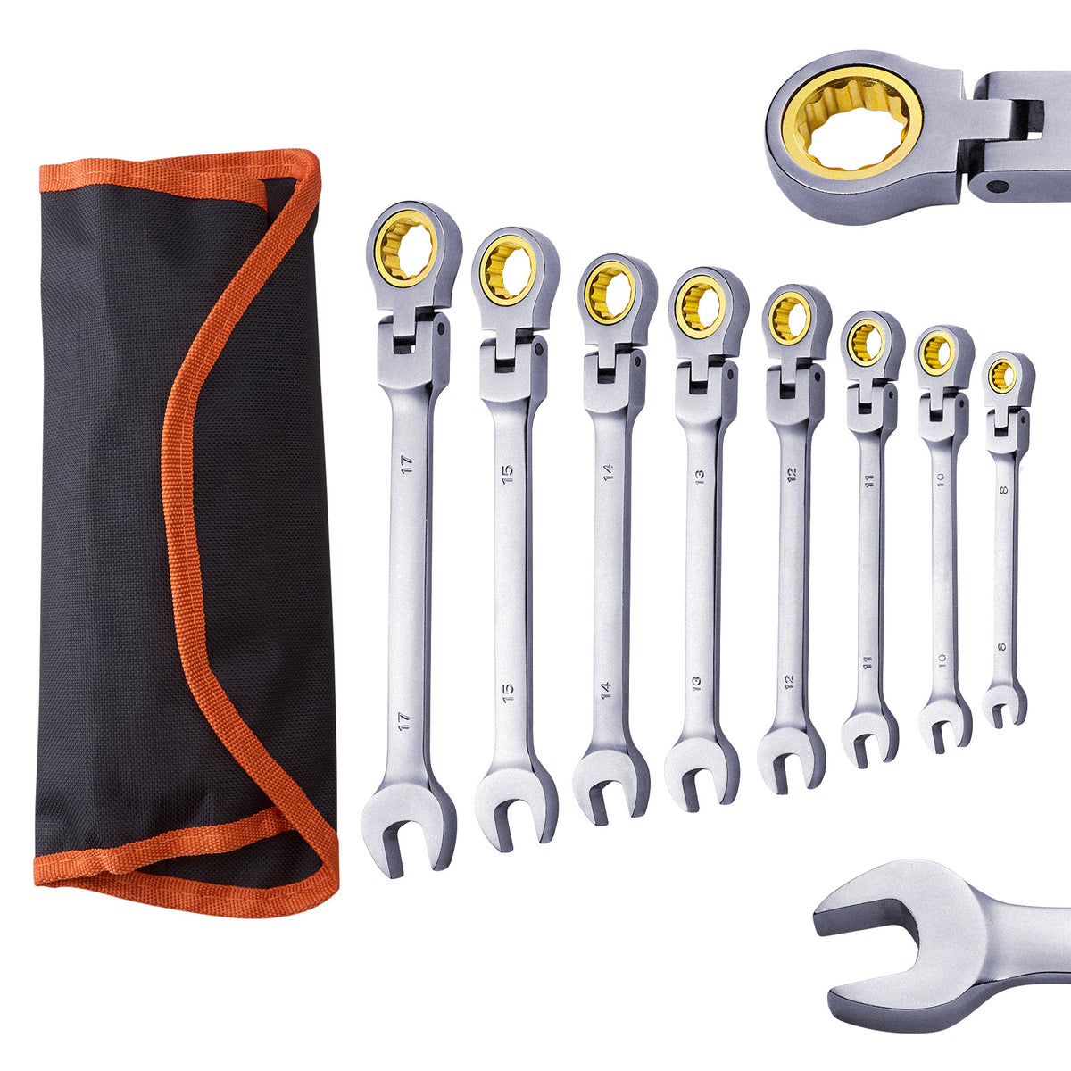 Flex-Head Ratcheting Wrench Set 8 PC Metric 8 mm-17 mm with Roll-up Pouch