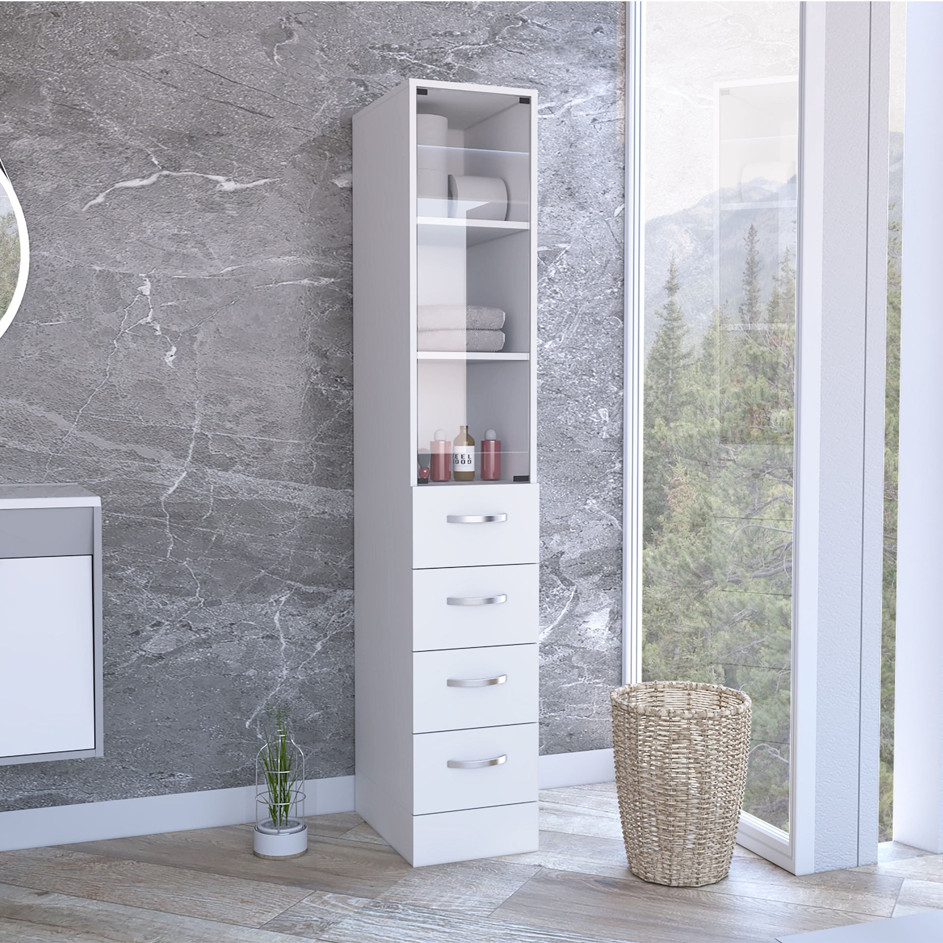 Linen Cabinet 68" H, Three Shelves, Four Drawers and Metal handles, White