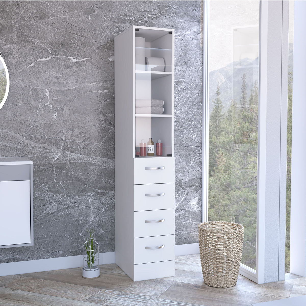 Linen Cabinet 68" H, Three Shelves, Four Drawers and Metal handles, White
