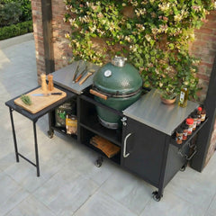 K&K 72.4" Large Grill Table for Large Big Green Egg, Metal Outdoor Grill Cart with Fold-out Prep Table, Adjustable Shelves, Spice Rack, Outdoor Kitchen Island for Big Green Egg, Kamado Joe Classic
