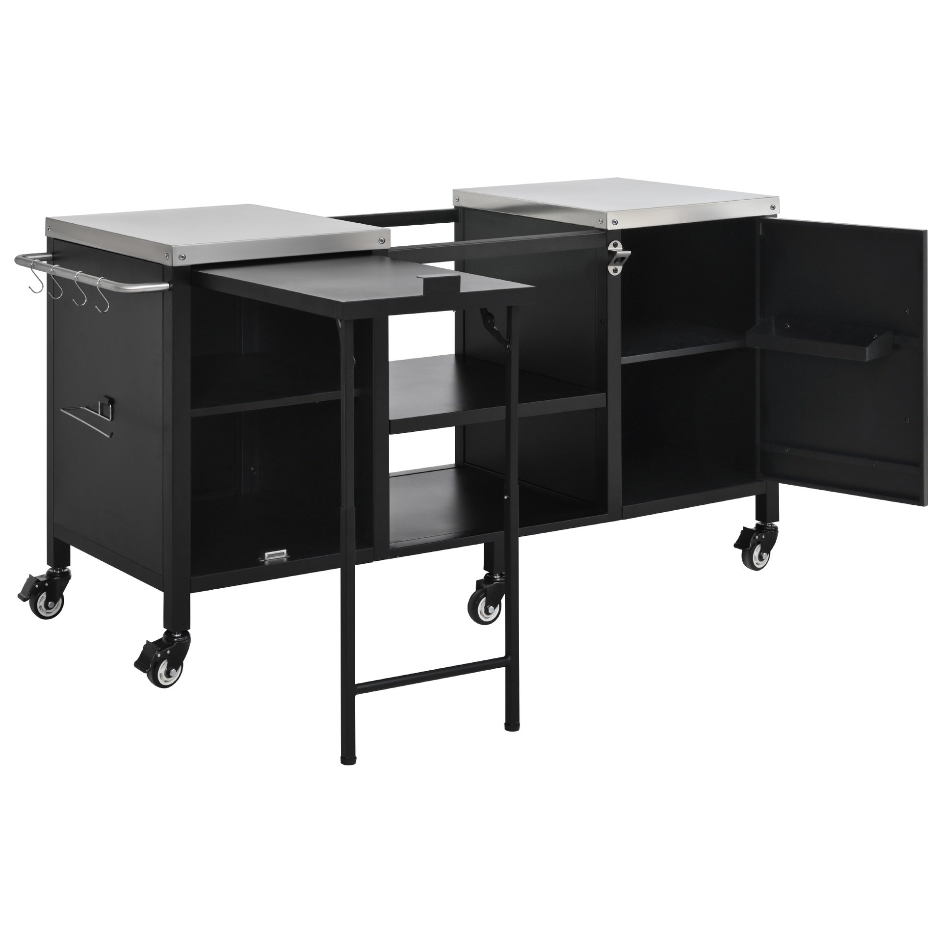K&K 72.4" Large Grill Table for Large Big Green Egg, Metal Outdoor Grill Cart with Fold-out Prep Table, Adjustable Shelves, Spice Rack, Outdoor Kitchen Island for Big Green Egg, Kamado Joe Classic