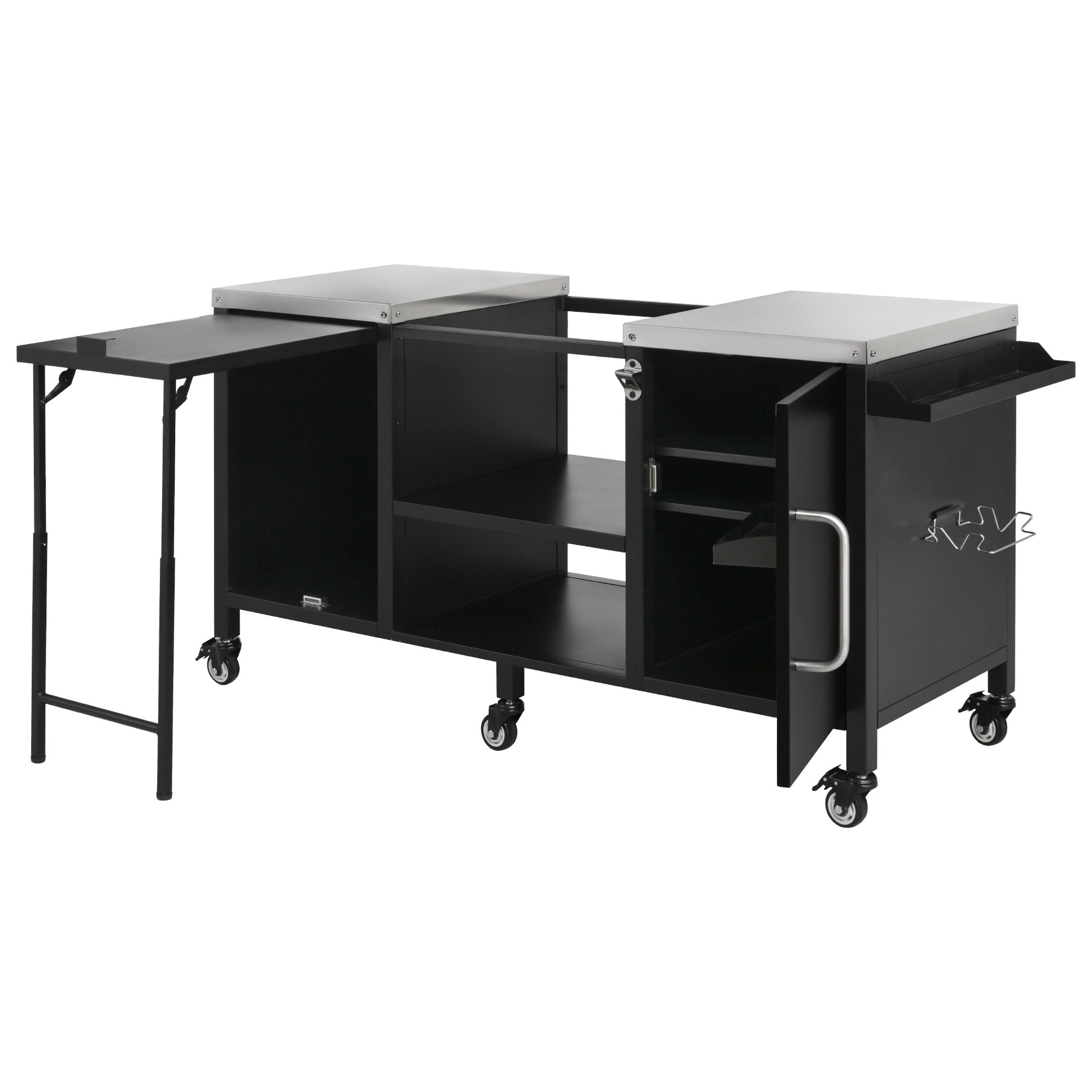 K&K 72.4" Large Grill Table for Large Big Green Egg, Metal Outdoor Grill Cart with Fold-out Prep Table, Adjustable Shelves, Spice Rack, Outdoor Kitchen Island for Big Green Egg, Kamado Joe Classic