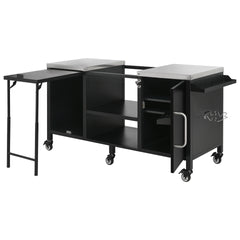 K&K 72.4" Large Grill Table for Large Big Green Egg, Metal Outdoor Grill Cart with Fold-out Prep Table, Adjustable Shelves, Spice Rack, Outdoor Kitchen Island for Big Green Egg, Kamado Joe Classic