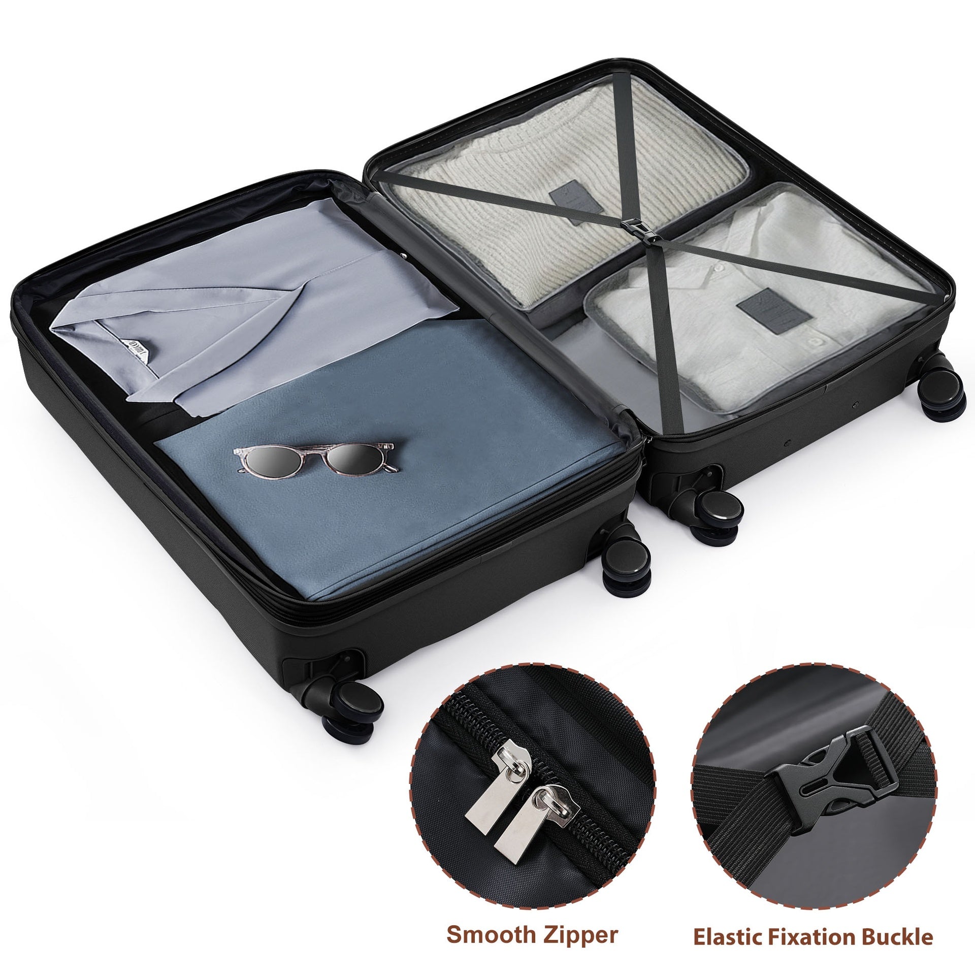 Luggage Set of 3, Airline Certified Carry-on Luggage with Cup Holder, ABS Hard Shell Luggage with Spinner Wheels, black
