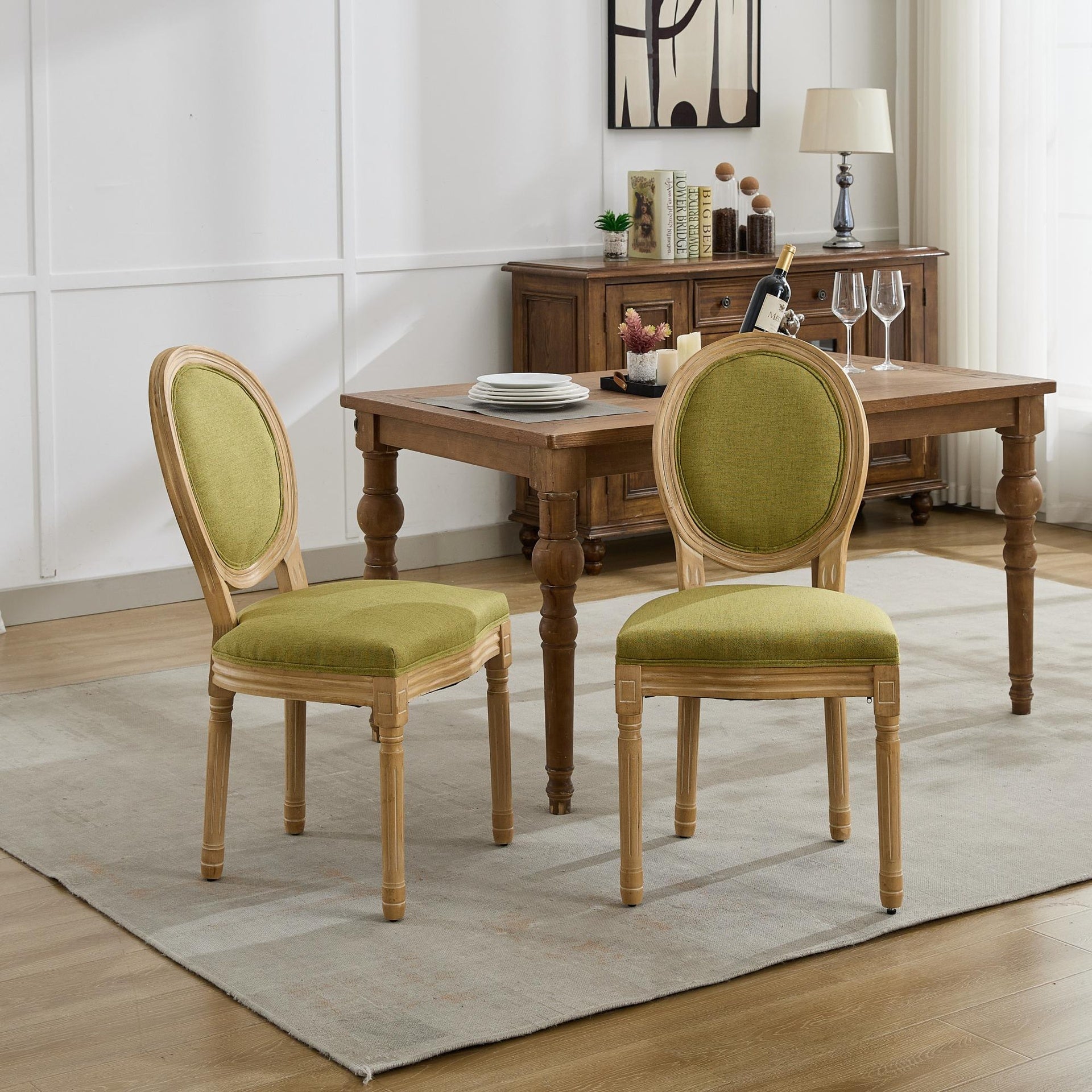 A&A Furniture,French Style Solid Wood Frame Antique Painting Linen Fabric Back Dining Chair,Set of 2,SW1845OL,Olive Green