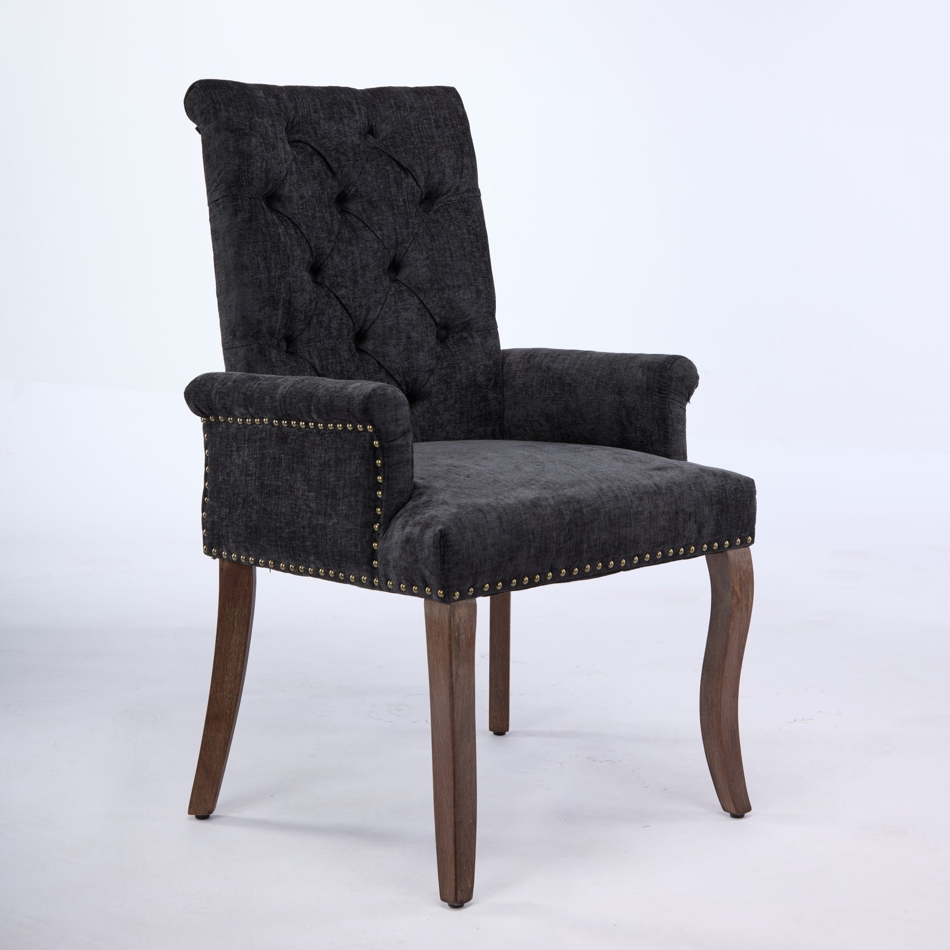 Upholstered Chenille Fabric Accent Dining Chair, Curved Solid Wood Legs, Elegant Tufted Club Dining Room Kitchen Room Arm Dining Chair, Single Pack,Black,SW1895BK