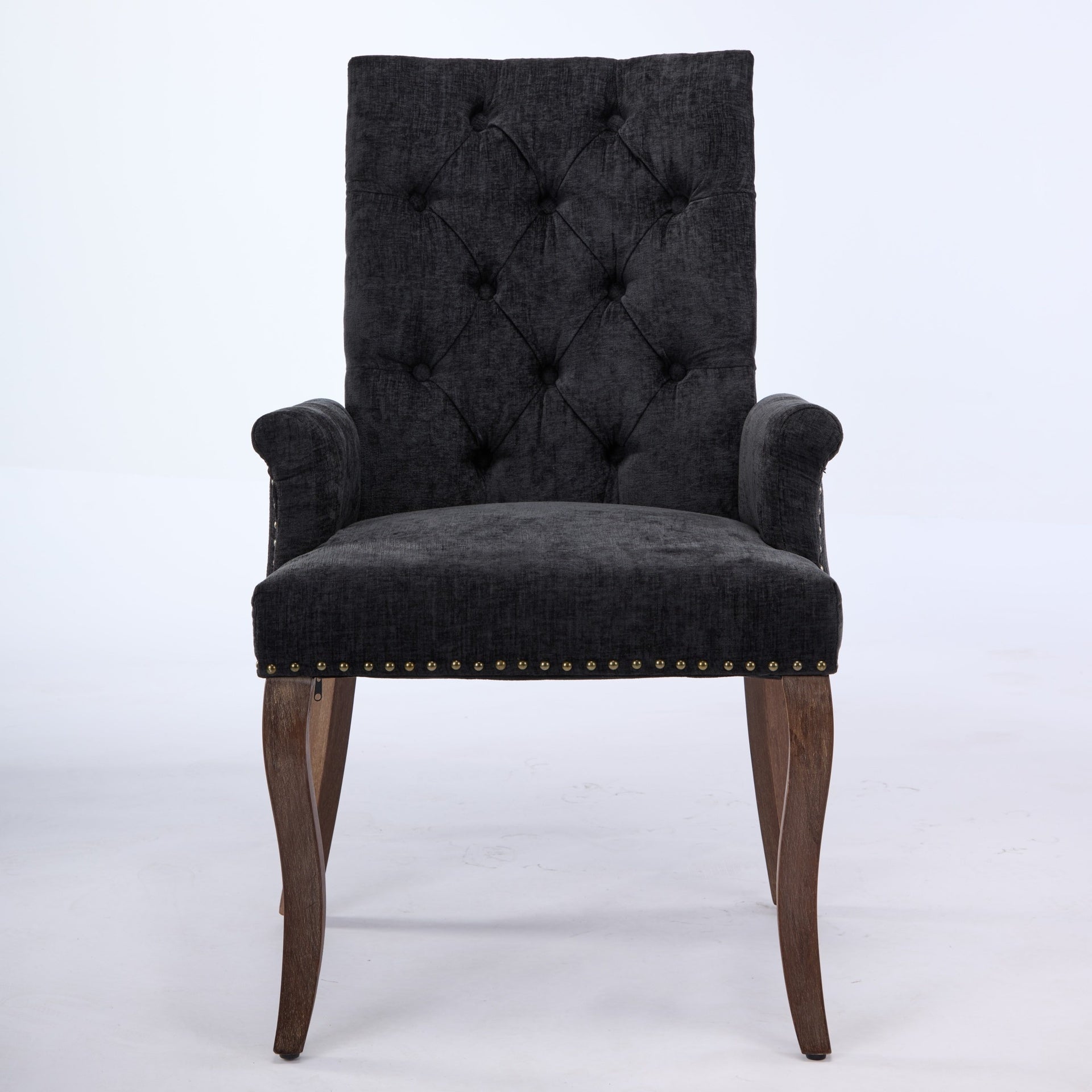 Upholstered Chenille Fabric Accent Dining Chair, Curved Solid Wood Legs, Elegant Tufted Club Dining Room Kitchen Room Arm Dining Chair, Single Pack,Black,SW1895BK