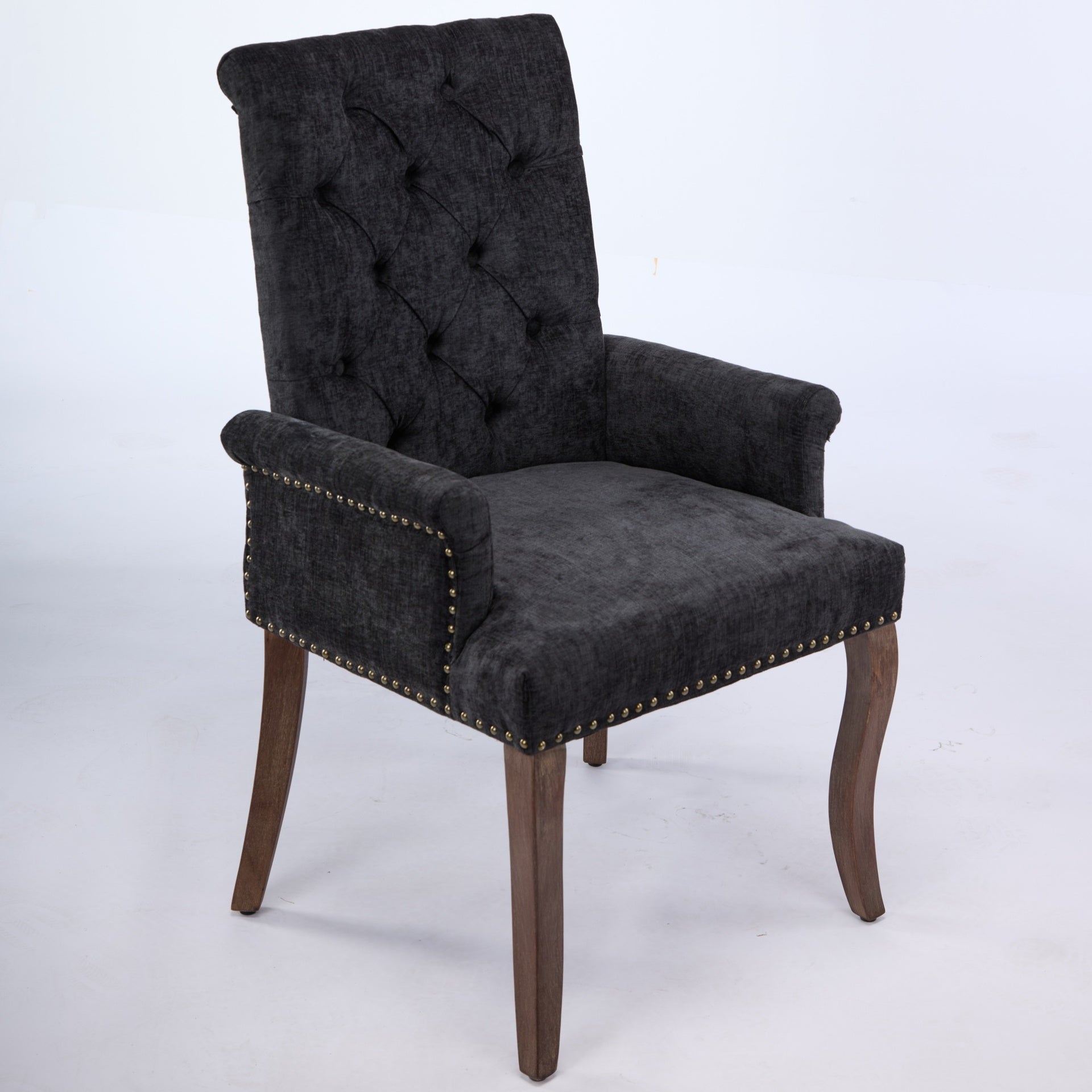 Upholstered Chenille Fabric Accent Dining Chair, Curved Solid Wood Legs, Elegant Tufted Club Dining Room Kitchen Room Arm Dining Chair, Single Pack,Black,SW1895BK