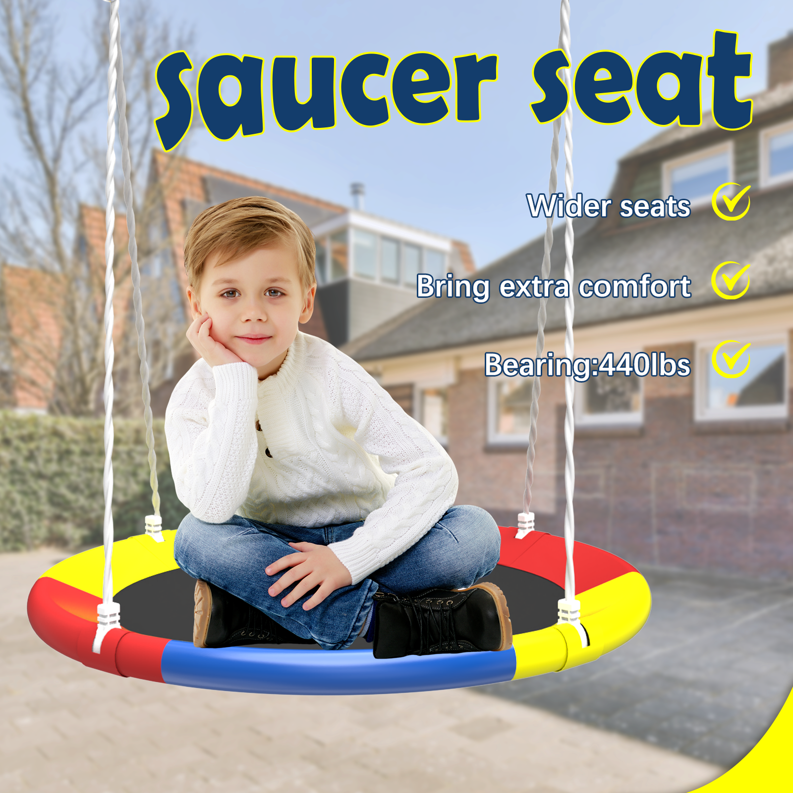 Flying Saucer Swing Set with Heavy Duty A-Frame Metal Swing Stand, Full Steel, Outdoor for Kids, Backyard, Playground, Outdoor