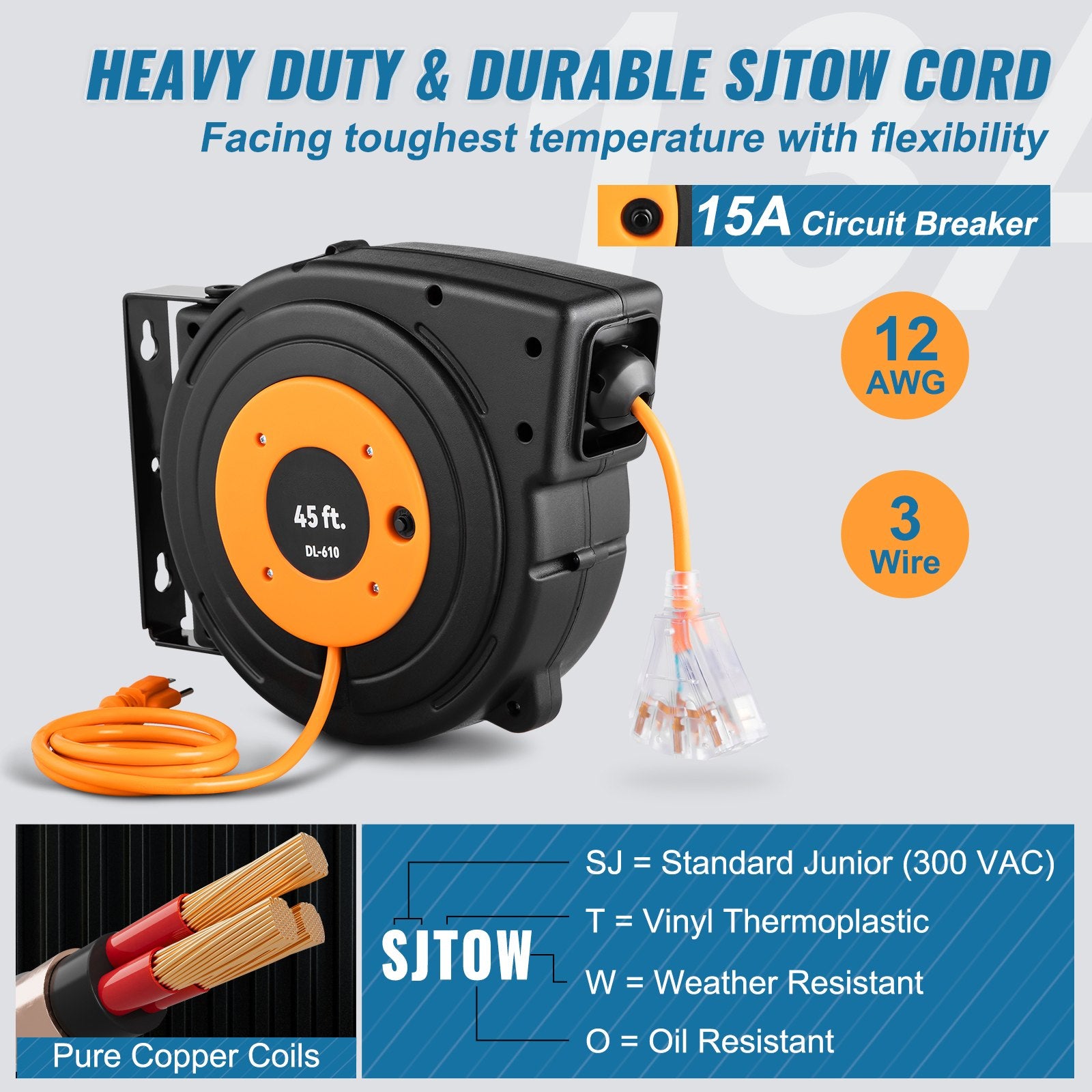Retractable Extension Reel, Heavy Duty 12AWG/3C SJTOW Power Cord 45 FT 12AWG, Black