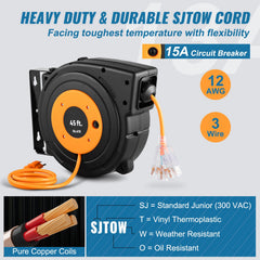 Retractable Extension Reel, Heavy Duty 12AWG/3C SJTOW Power Cord 45 FT 12AWG, Black