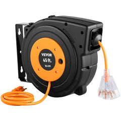 Retractable Extension Reel, Heavy Duty 12AWG/3C SJTOW Power Cord 45 FT 12AWG, Black