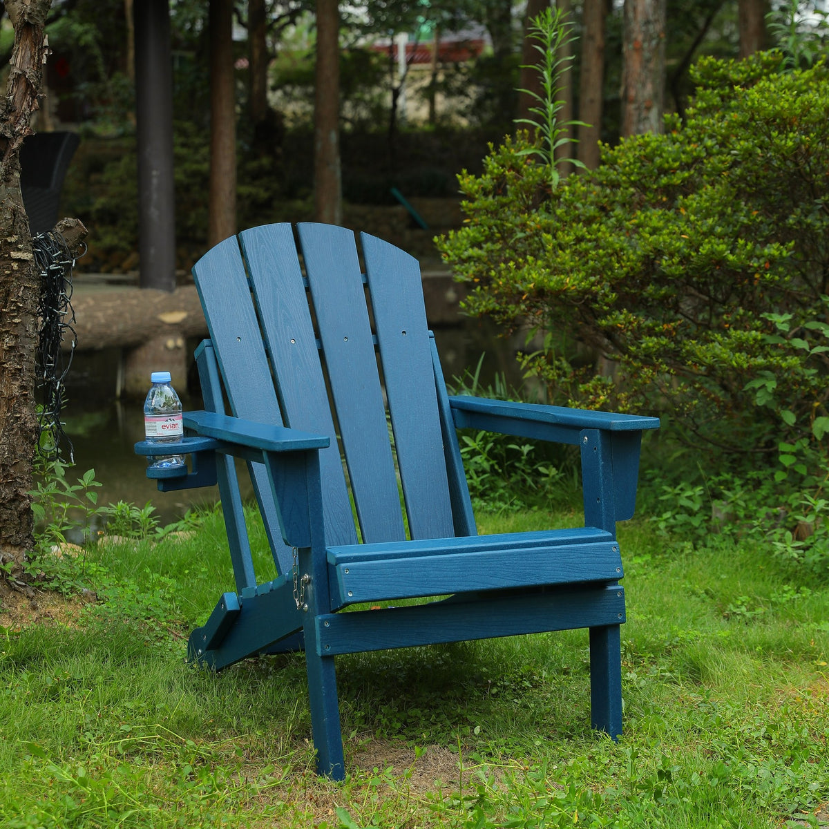 HDPE Folding Adirondack Chair with Dual Cup Holder - Composite Adirondack Chair with Wood Texture- ,Navy Blue