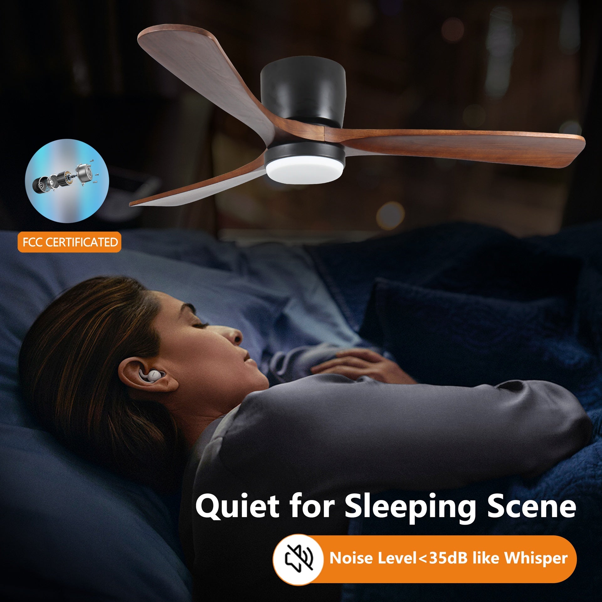 52 inch Black Wood Ceiling Fans with Lights and Remote, Modern Flush Mount Low Profile Ceiling Fan with Light, 6 Speed, Reversible DC Motor, for Bedroom/Outdoor/Farmhouse/Patios