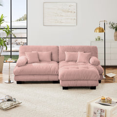 Cloud Couch Sectional Sofa for Living Room, Chenille 2 Seater Sofa with 2 Lumbar pillows and 2 throw pillows , Upholstered Wide Arm Sofa with Convertible Ottoman,Chenille Pink