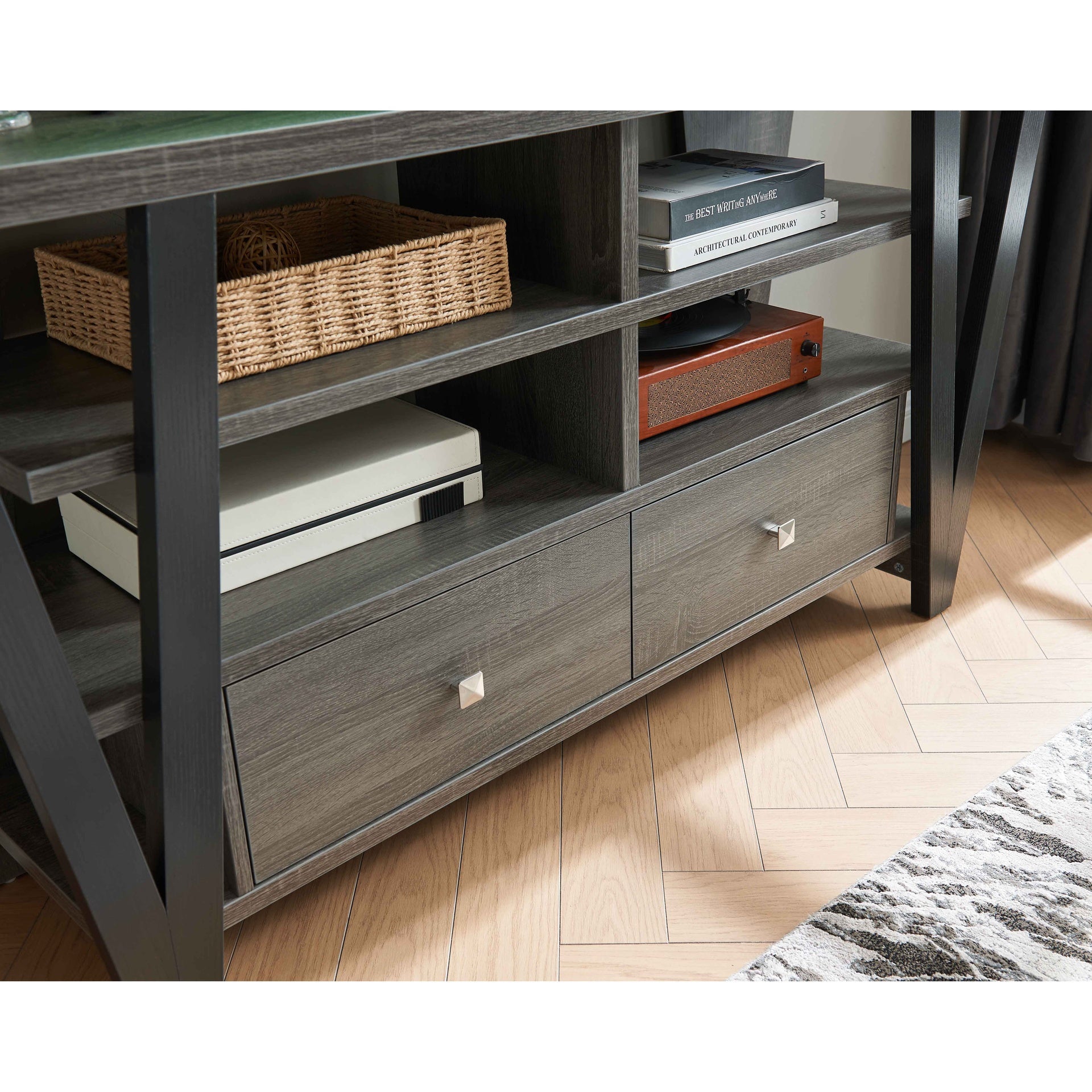 Tall TV Stand cabinet with two drawers on metal glides metal square knob handles and two divided shelf tiers