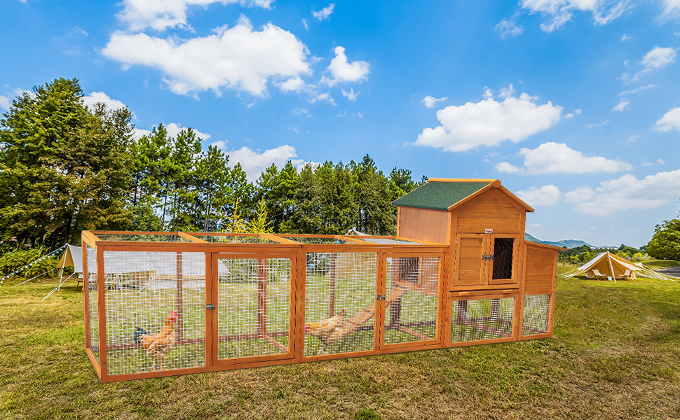 123'' Large Chicken Coop with Run, Wooden Hen House for 5-10 Chickens, Outdoor Chicken Run Poultry Cage Rabbit Cage Duck House with Nesting Box, Ramp & Pull-on Tray