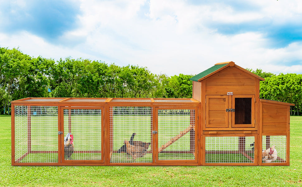 123'' Large Chicken Coop with Run, Wooden Hen House for 5-10 Chickens, Outdoor Chicken Run Poultry Cage Rabbit Cage Duck House with Nesting Box, Ramp & Pull-on Tray