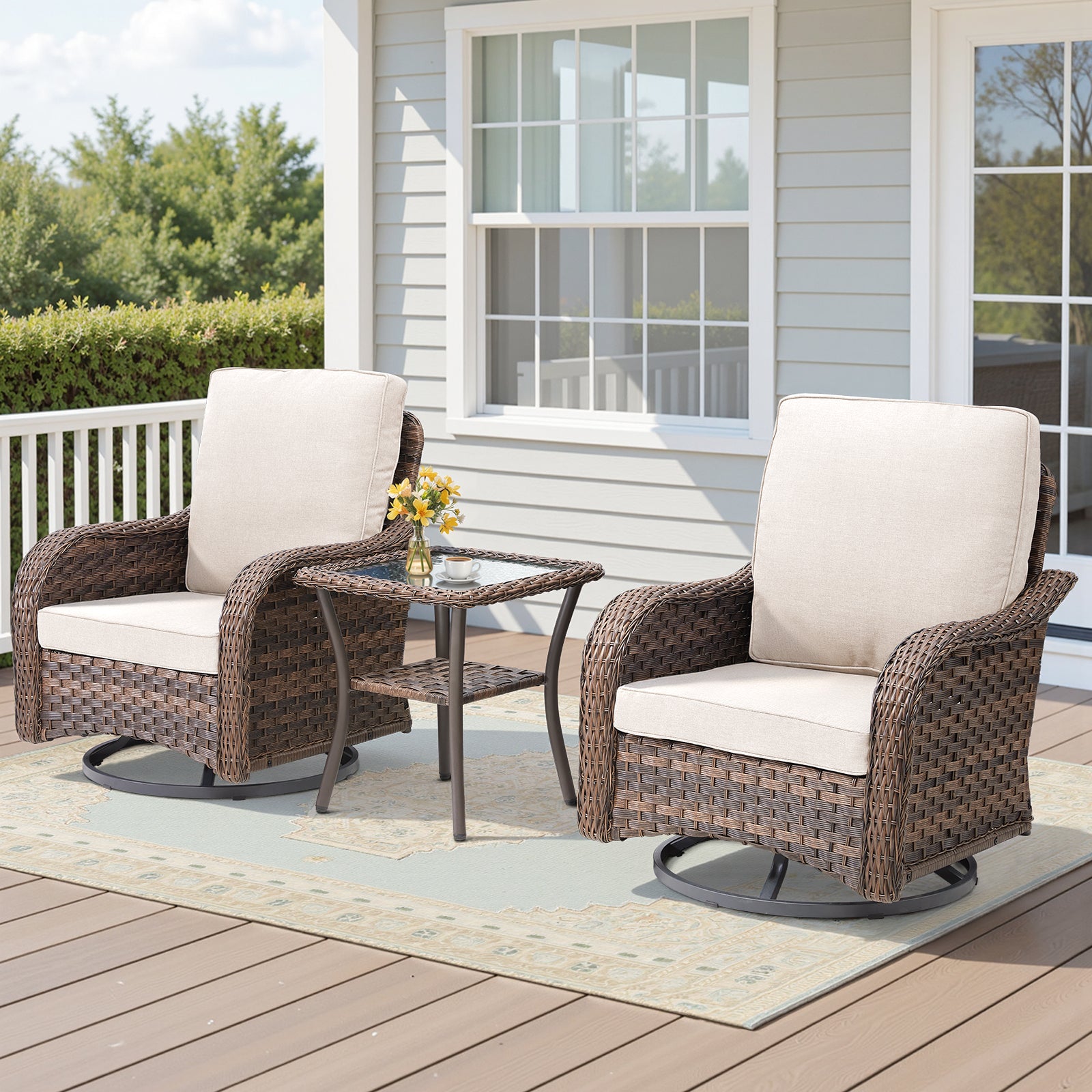 3 Pieces Outdoor Furniture Set, Outdoor Swivel Gliders Rocker, Wicker Patio Bistro Set with Side Tablerd for Porch Deck Backyard, Beige