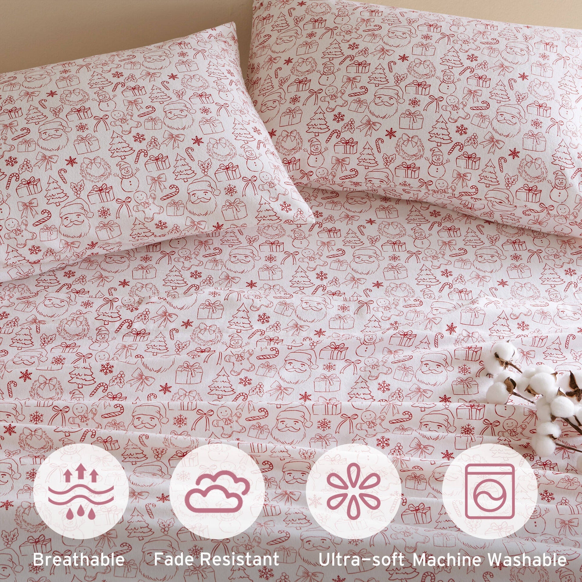 4-Piece Full 100% Cotton Flannel Pigment Printed Sheet Set,Holiday Doodles