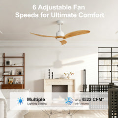 52" Ceiling Fan with Dimmable LED Light Remote Control,Quiet DC Motor 6 Speed Levels,Adjust Height( 3 PCS Rod) Reversible Ceiling Fan, for Patio Living Room, Bedroom, Office,Indoor.(White +Natural)