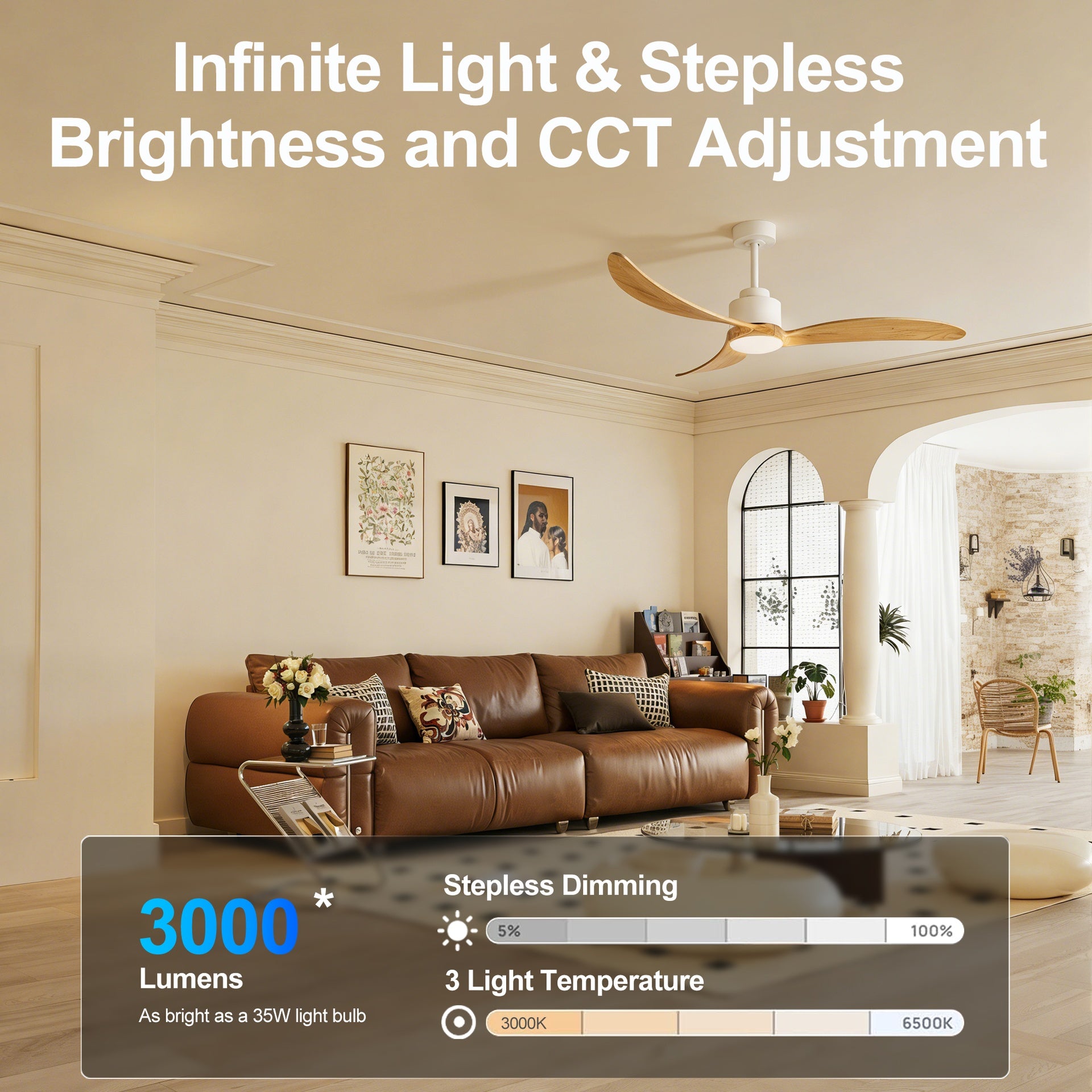 52" Ceiling Fan with Dimmable LED Light Remote Control,Quiet DC Motor 6 Speed Levels,Adjust Height( 3 PCS Rod) Reversible Ceiling Fan, for Patio Living Room, Bedroom, Office,Indoor.(White +Natural)