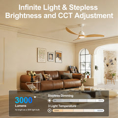 52" Ceiling Fan with Dimmable LED Light Remote Control,Quiet DC Motor 6 Speed Levels,Adjust Height( 3 PCS Rod) Reversible Ceiling Fan, for Patio Living Room, Bedroom, Office,Indoor.(White +Natural)