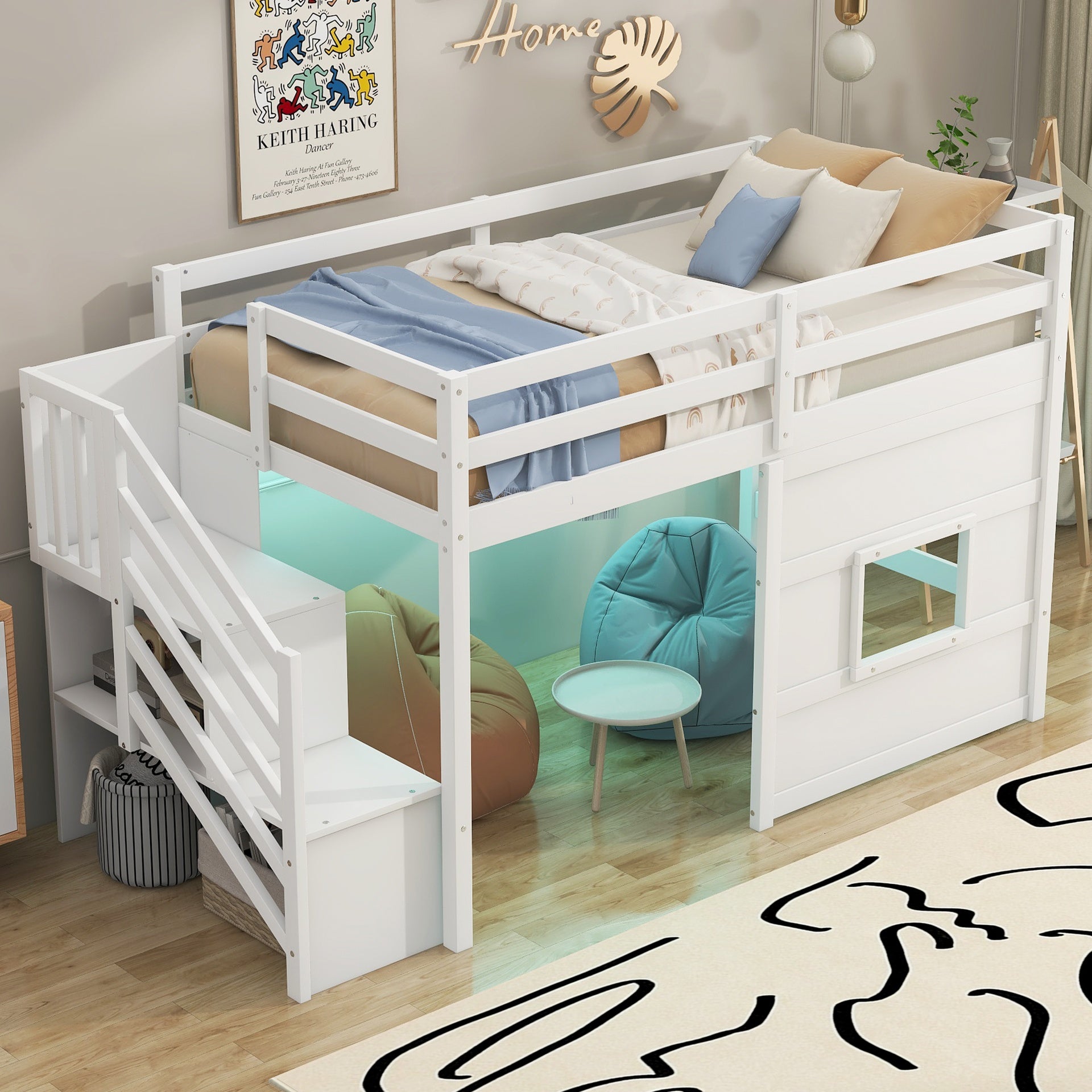 Twin Size Loft Bed with Storage Staircase and Window, With LED Light, White