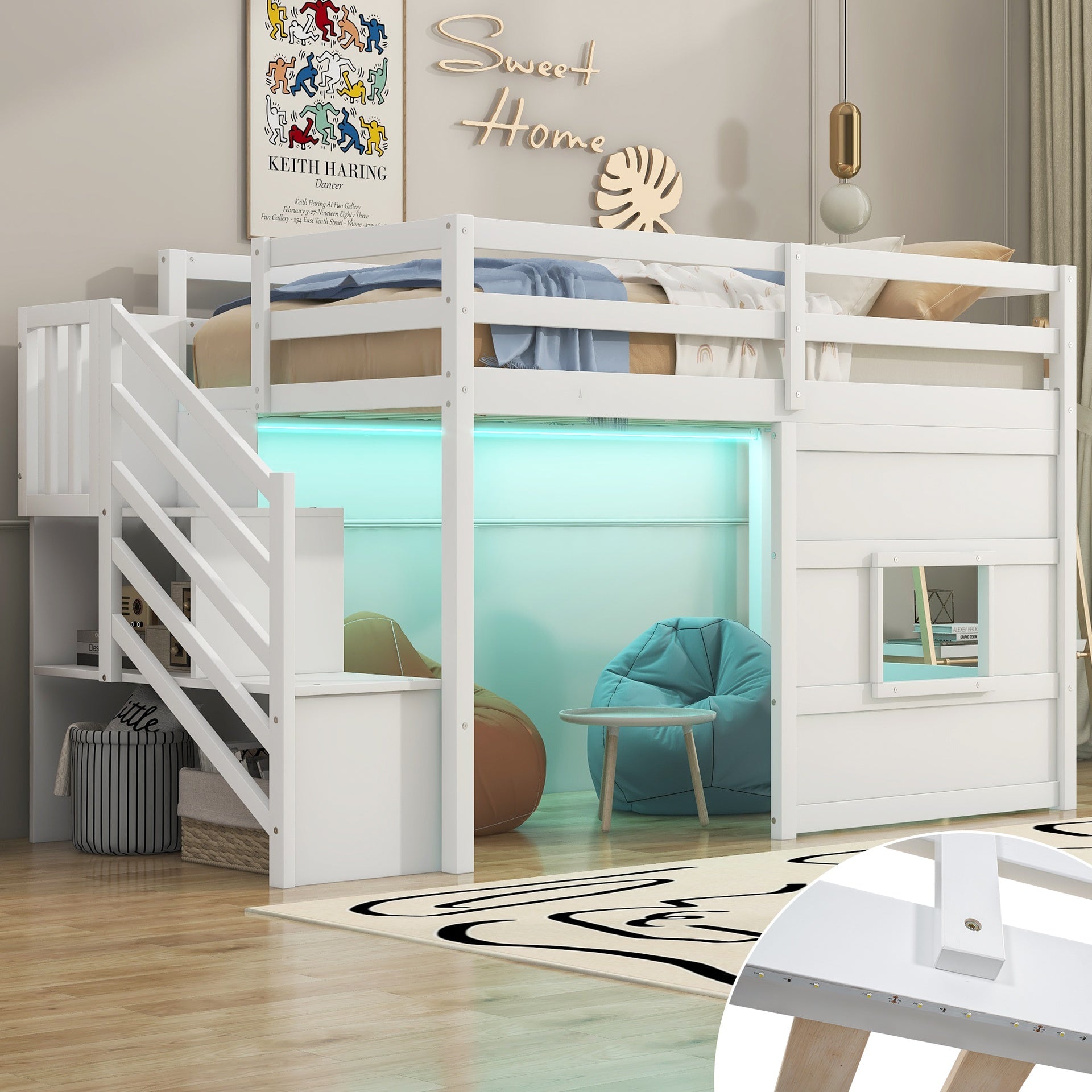 Twin Size Loft Bed with Storage Staircase and Window, With LED Light, White