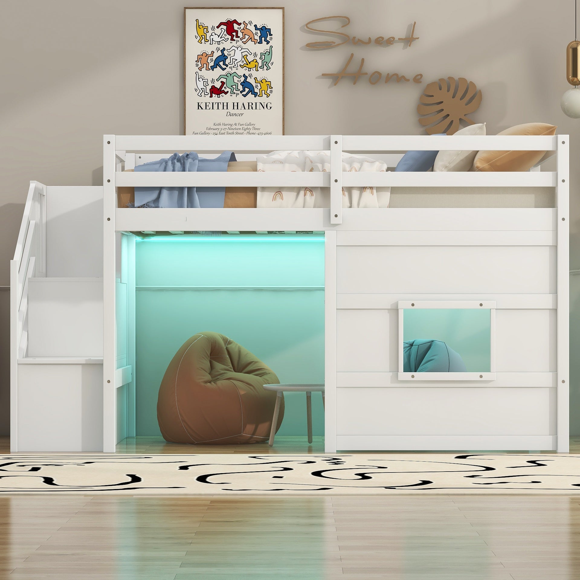 Twin Size Loft Bed with Storage Staircase and Window, With LED Light, White