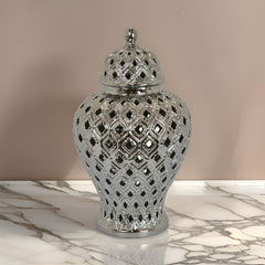 Deni 18 Inch Temple Jar, Pierced, Carved Lattice Design, Lid, Silver