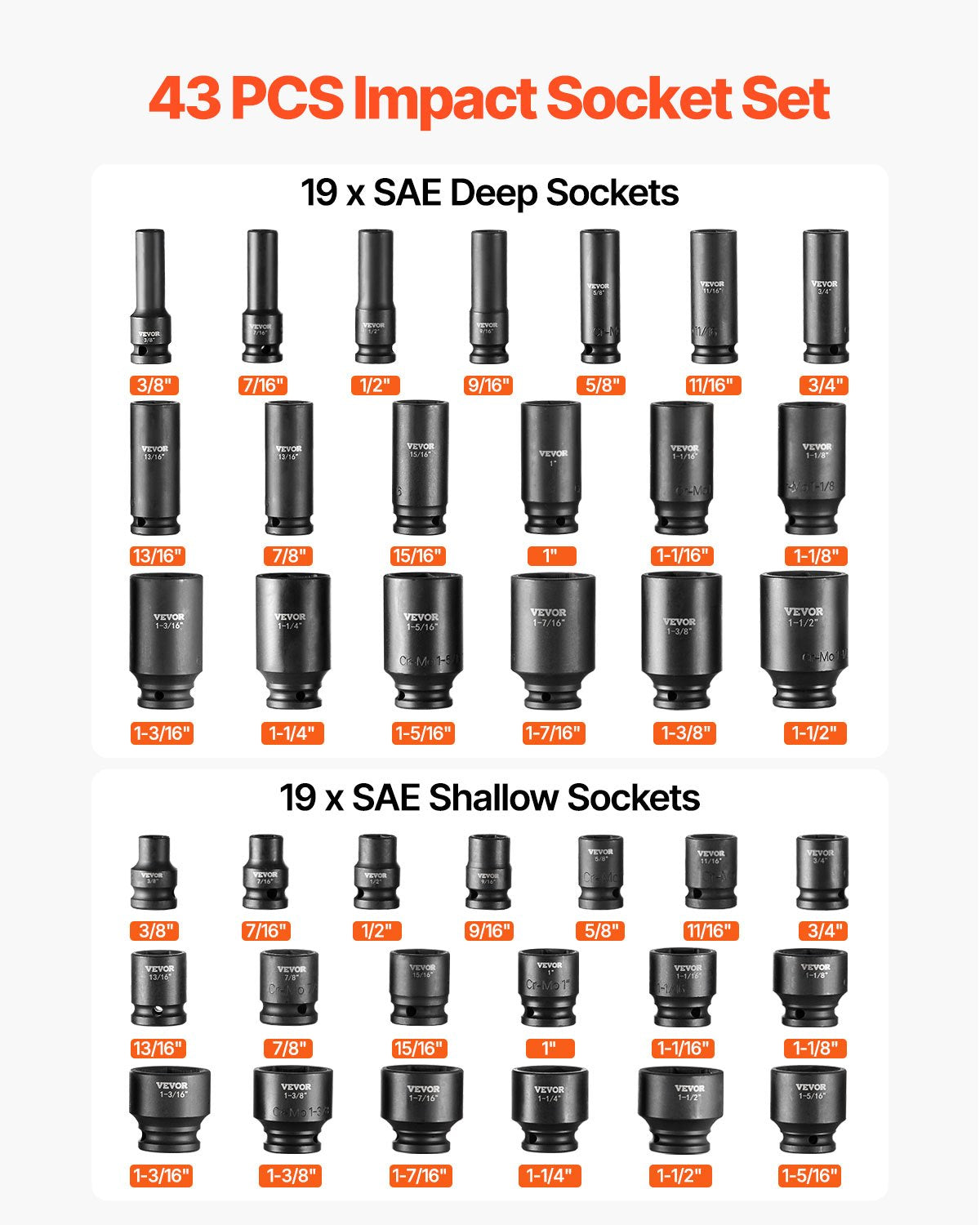 Impact Sockets Set 43pcs 6-Point 1/2in Drive Bit Ratchet Tool Kit Case