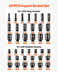 Impact Sockets Set 43pcs 6-Point 1/2in Drive Bit Ratchet Tool Kit Case